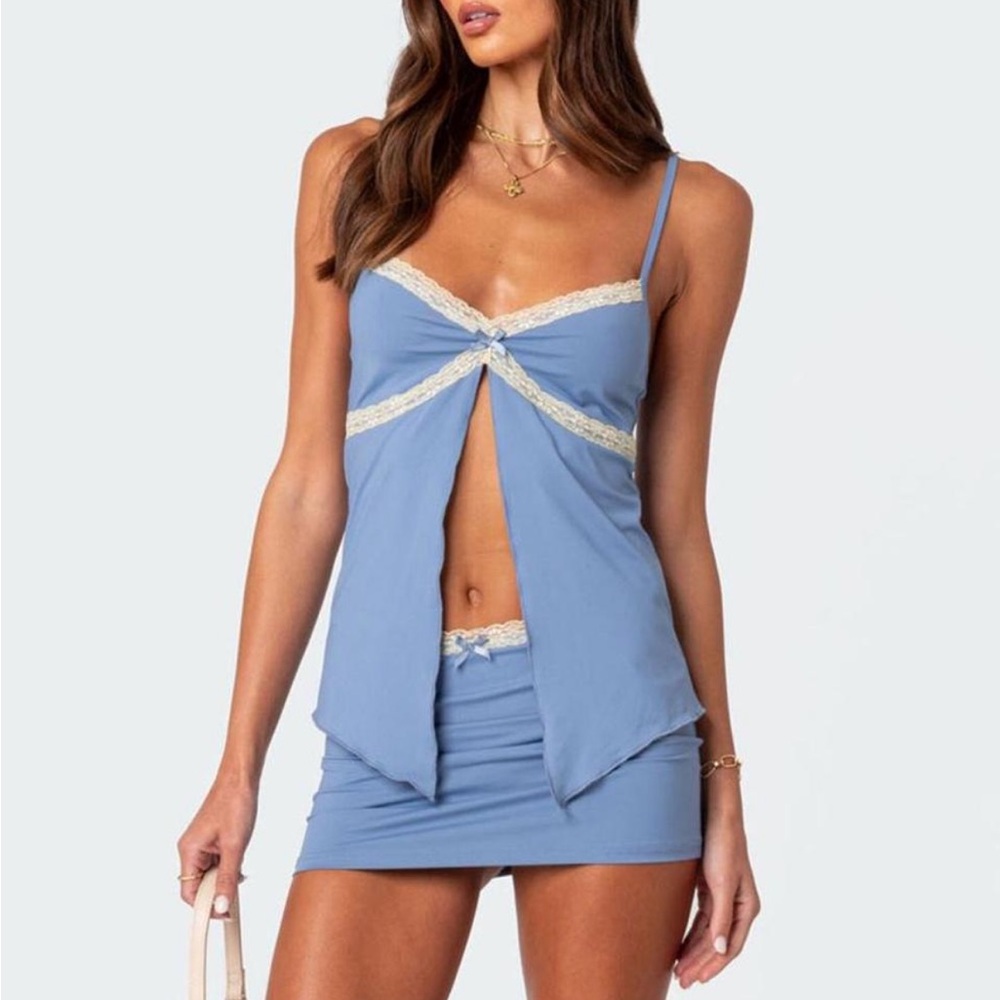 Edikted Powder Blue Lace-Trim Camisole & Mini Skirt Set